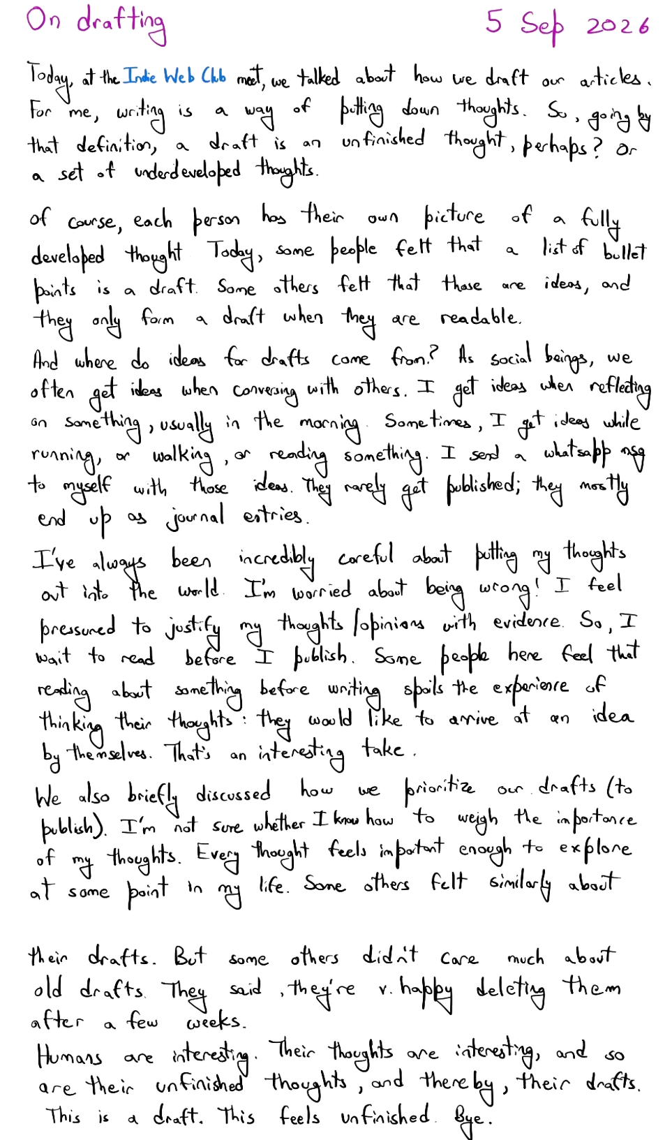 On Drafting, handwritten page 1